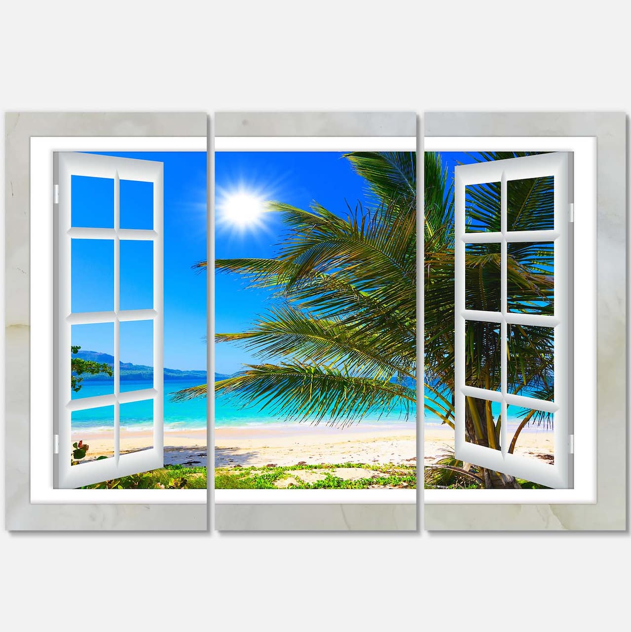Designart - Window Open to Beach with Palm - Extra Large Seashore Canvas Art